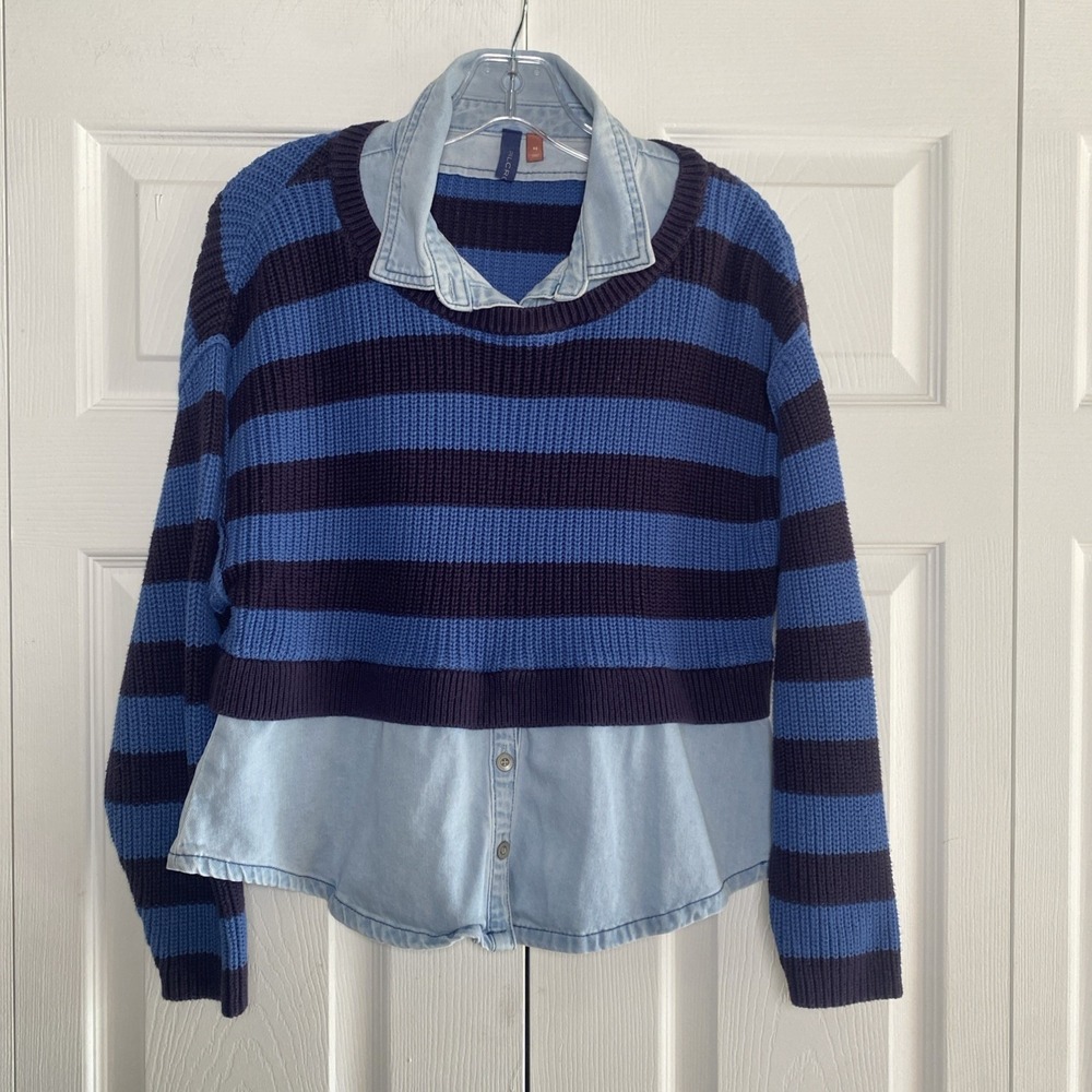 Pilcro Mixed Media Striped Sweater Womens Size‎ XS Blue Denim Layered Knit Top